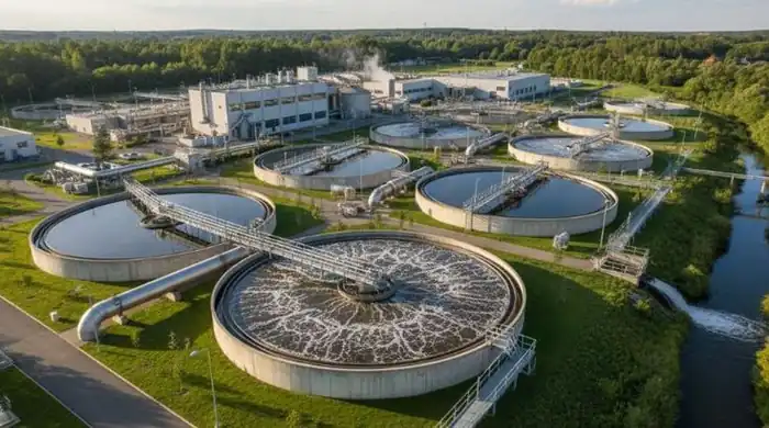 Circular clarifiers in operation at a treatment works, seen from the air.