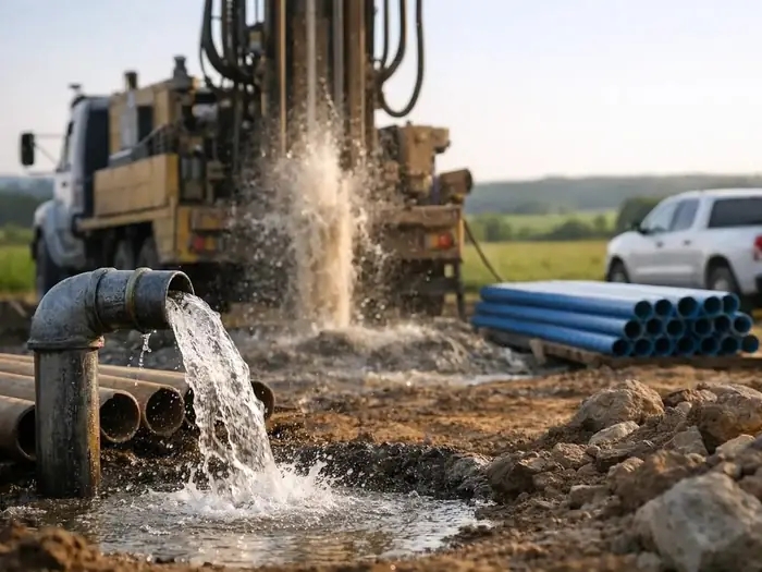 Borehole drilling rig with water flowing from a test pipe