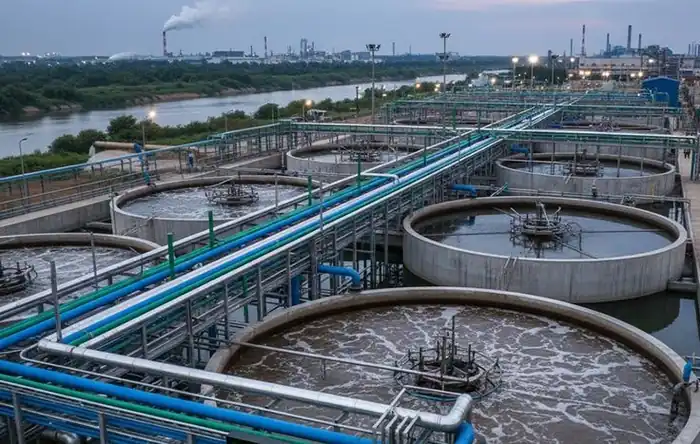 Aerial view of a wastewater treatment works with rectangular and circular basins.