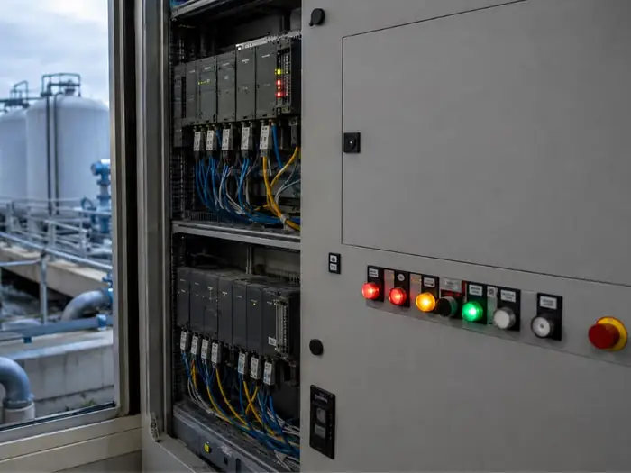 Open PLC control panel with indicator lights beside a water treatment plant